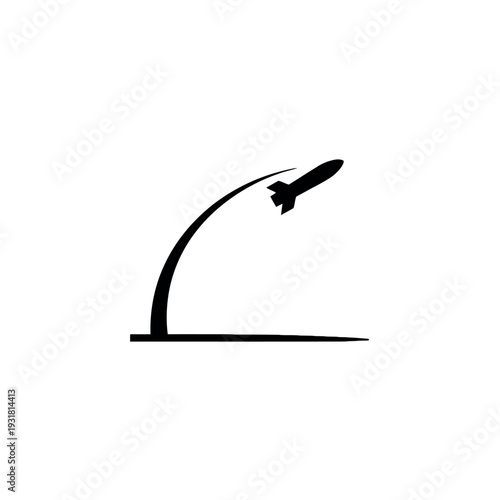 A ballistic missile launch and trajectory depicted in a simple black silhouette against a clean white background.