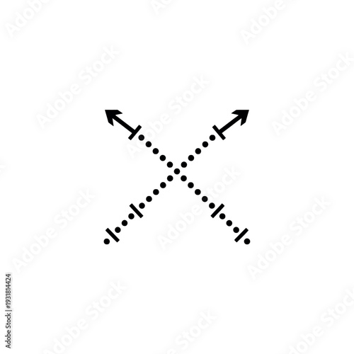 A graphic illustration of a ballistic missile launch and trajectory depicted by intersecting dotted lines with arrows on a plain white background.