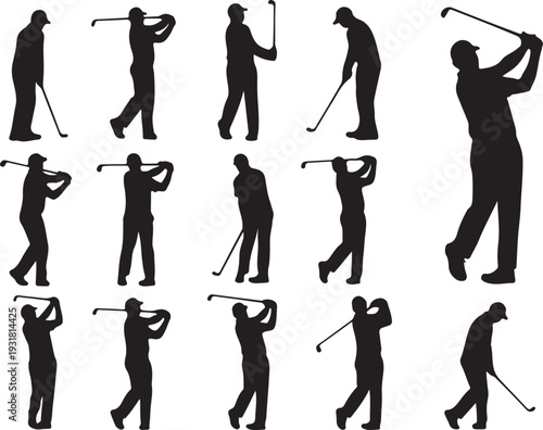 A professional vector illustration set featuring black silhouettes of people and athletes engaged in sports like golf and winter ski competitions