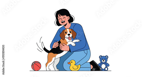 A joyful woman kneeling and hugging a playful beagle puppy with a rubber ducky, ball, and teddy bear nearby, conveying a playful reunion mood against a clean white background.