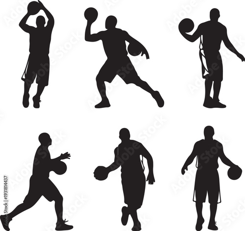 This vector illustration features a black silhouette collection of athletic men and boys in action, showcasing a basketball player team and soccer athletes running during a competitive sports game exe