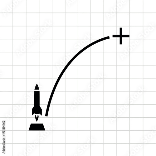 A ballistic missile launching with a curved trajectory line and a plus sign at the end, on a graph paper background with a technical and industrial mood.
