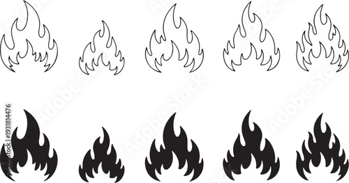 A set of vector fire flames and orange water drop icons featuring flammable danger signs and hot burning elements designed as a decorative web logo illustration