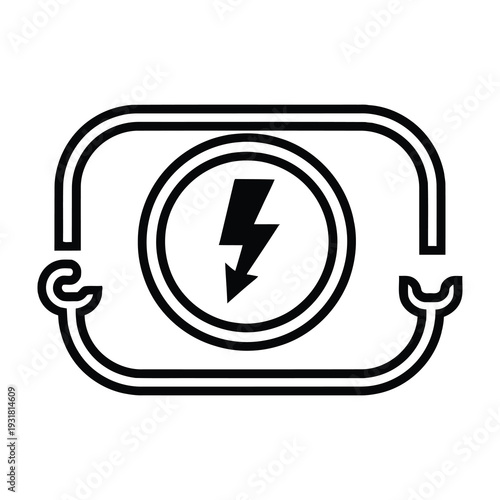 Bold lightning bolt symbol enclosed in a circular frame with two rounded hooks on either side isolated on a clean white background