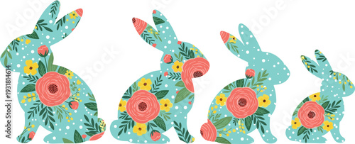 Cute bunny silhouettes with colorful floral patterns for Easter decoration