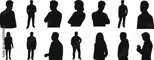 Collection of Business Men and Women Silhouettes in Various Standing Poses Isolated on White Background