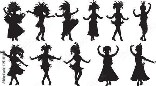 Elegant vector illustration of black dancing girls silhouettes in fashion dresses featuring stylish ladies and models at a party or wedding celebration