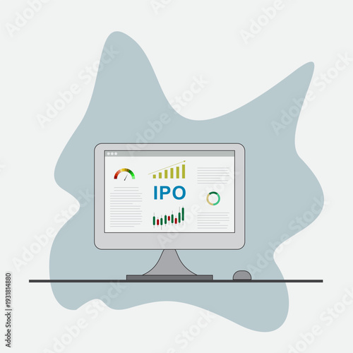 Initial public offering dashboard on computer screen with financial charts, stock market analytics, and growth indicators. Flat vector illustration representing ipo, investment analysis, trading data,