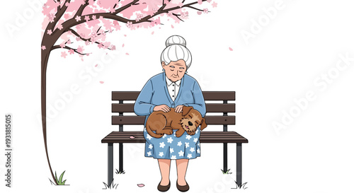 Elderly woman sitting on a park bench with a playful brown puppy under a blooming cherry blossom tree conveying a joyful reunion scene.