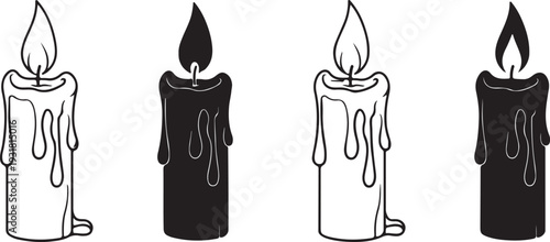 Vector illustration of a fork and knife with a burning yellow candle flame on a black background for a Christmas holiday celebration icon design