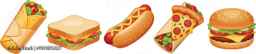 Fast food and snacks set with burrito sandwich hot dog and burger in cartoon style