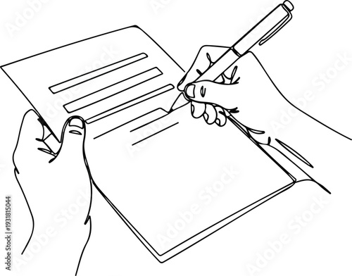 Hands hold pen and write on paper icon. Person write letter, sign document. The concept of agreement, notarization of document, signing contract. Vector illustration in line doodle simple style