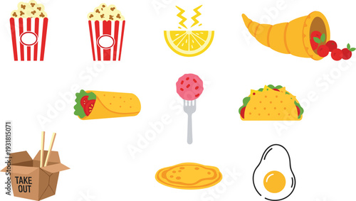 Fast food and snacks set with popcorn taco burrito and takeaway chinese food