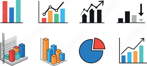 Modern business data visualization icon set with bar charts pie graph growth trends and analytics symbols vector
