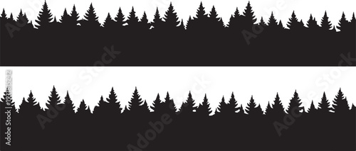 Vector illustration of a grass silhouette isolated against a winter forest landscape with pine trees and evergreen firs under a snowy mountain sky