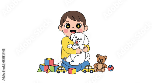 A cheerful young boy sitting on the floor, playfully holding a white puppy with toys scattered around him, conveying a joyful and playful mood.