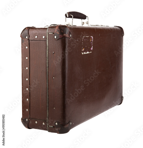 Old retro brown suitcase isolated on white background.