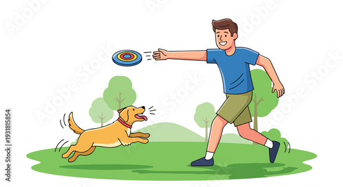 A playful man and a joyful pup playing with a frisbee in a green field with a lively reunion atmosphere.
