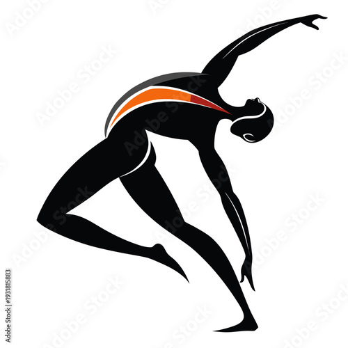 Energetic leap - A dancer mid-jump with extended arms and flowing ribbons in red