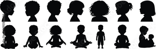 Collection of Children Silhouettes in Different Poses Including Sitting, Standing and Profile Views Isolated on White Background