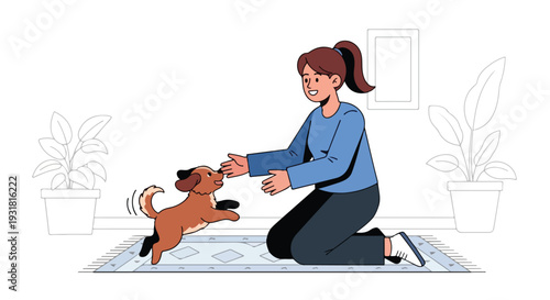 A joyful woman kneeling on a rug, playfully interacting with a happy brown pup in a lively indoor setting with a cheerful mood.