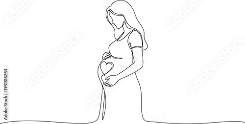 Pregnant woman holding belly with heart shape continuous one line drawing, motherhood and pregnancy care concept on white background.