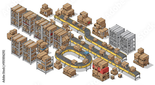 Busy Warehouse Interior with Forklifts and Boxes Vector Illustrations.