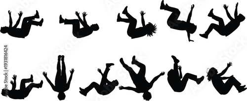 Silhouette people falling, tumbling, dynamic motion poses