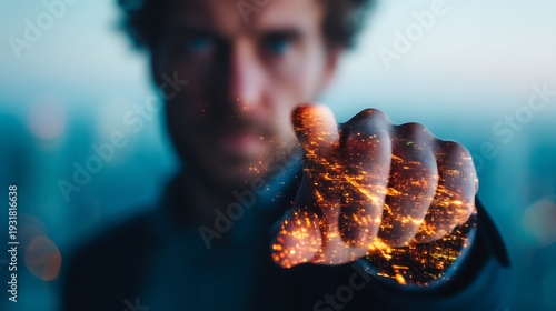 A man points directly at the camera with a glowing, digital overlay of city lights on his hand, blending human interaction and futuristic technology.