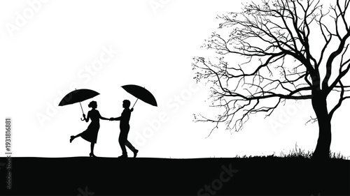 Romantic silhouette couple holding umbrellas, playful pose, standing near leafless tree, artistic black and white illustration, emotional companionship