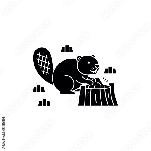 Illustration of a beaver working on a tree stump, surrounded by abstract building blocks, representing industry and construction.