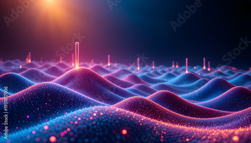 Abstract High-Tech Topographic Visualization with Wireframe Waves and Luminous Data Pins