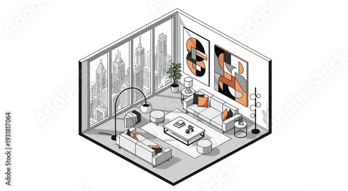 Modern Living Room with City Skyline Sunset View