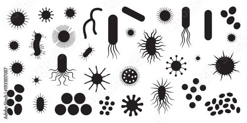 Diverse Collection of Bacteria and Virus Silhouettes - Microorganisms and Germs Icons Set for Scientific and Medical Design