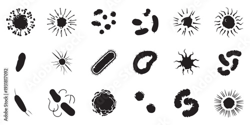 Organic Shape Microbe and Bacteria Icons in Black Silhouette for Medical Design