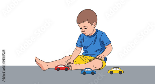 Focused Little Boy Playing with Colorful Toy Cars While Sitting on the Floor in a Minimalist Studio Background