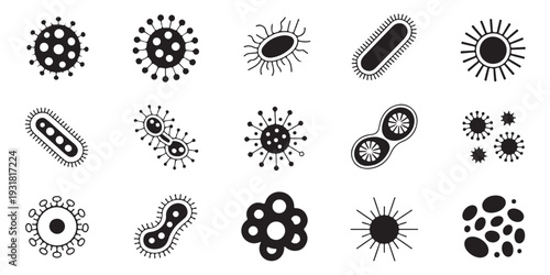 Collection of Microscopic Organism Icons: Viruses, Bacteria, and Germs in Flat Style