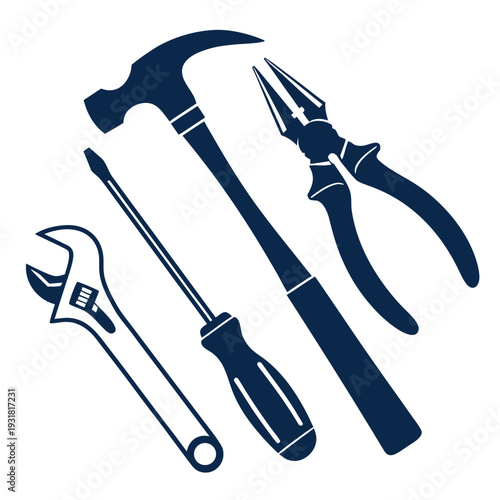 A collection of tools including a hammer, wrench, screwdriver, and pliers.