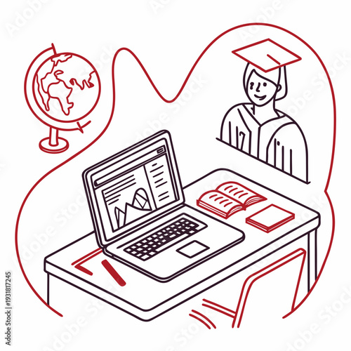 Graduate student studying at a desk with a laptop and books.