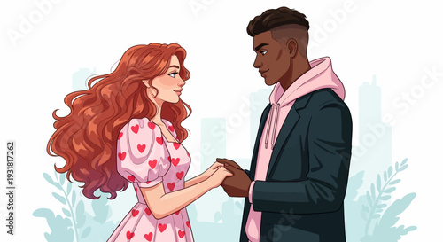Modern Diverse Couple Holding Hands: Romantic Illustration of Love & Connection