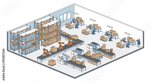 Busy Warehouse Interior with Forklifts and Boxes Vector Illustrations.