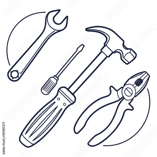 A collection of essential tools including a wrench, hammer, screwdriver, and pliers.