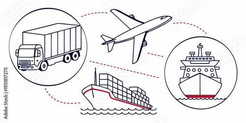 Illustration of various transportation methods including truck, plane, ship, and cargo.