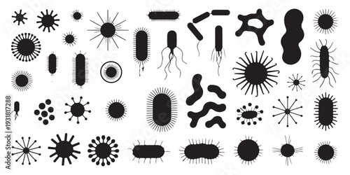 Large Set of Microorganisms Silhouettes - Bacteria, Viruses, and Germs for Biology and Medicine Applications