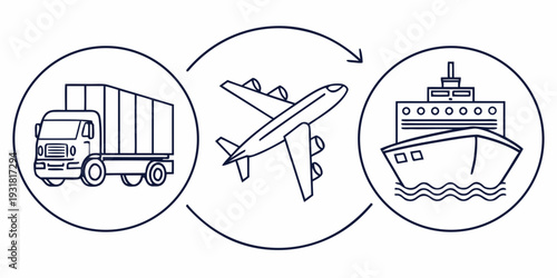 Illustration of three different transportation methods: truck, airplane, and ship.