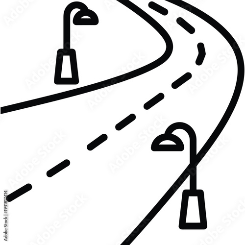 Winding road with dashed lines and streetlights black and white outline for journey travel and urban routes
