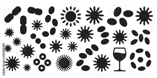 Microbial Organisms and Wine Glass Icon Collection. Vector Silhouettes for Biology, Fermentation, and Health Sciences.