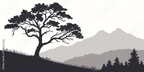 Silhouette of a solitary tree against a mountainous backdrop at sunset.