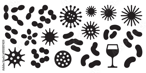 Microorganisms and Wine Glass Icon Set. Vector Silhouettes of Bacteria, Viruses, and Yeast for Science, Food, and Health Concepts.