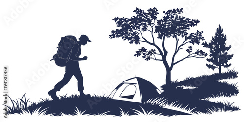 A lone hiker with a backpack trekking through a scenic landscape with trees and a tent